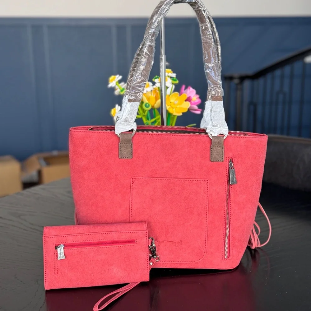 Trinity Ranch Aztec Tooled Fringe Concealed Carry Tote + Wallet Burgundy